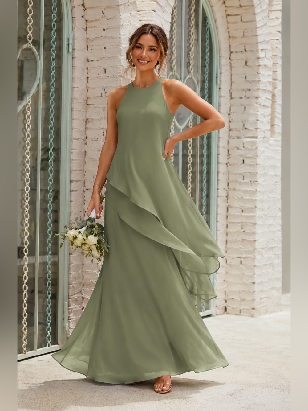A-line Empire Scoop Neck Sleeveless Chiffon Floor-Length Mother of Bride Dress